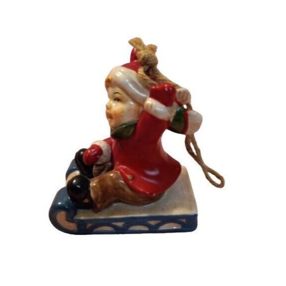 Porcelain Boy On Sled Christmas Ornament Figurine Hanging Loop Vintage - Picture 4 of 6